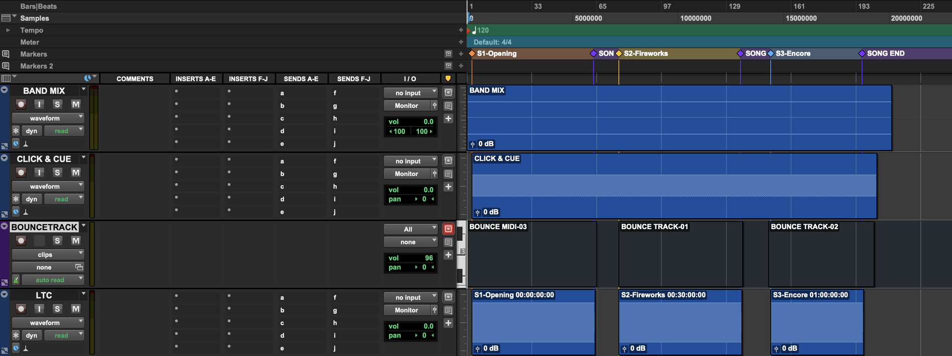 Pro Tools · each LTC clip named with its song and start TC